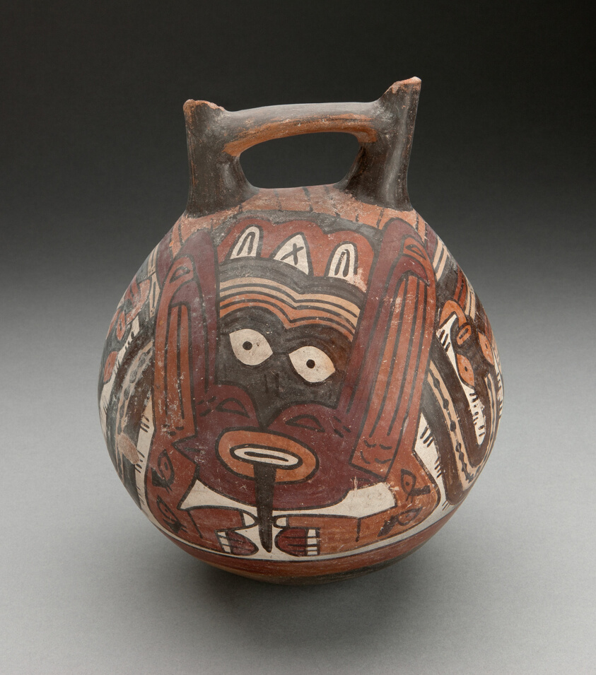 Double Spout Vessel Depicting Costumed Figure with Tattoos and Serpent Attributes