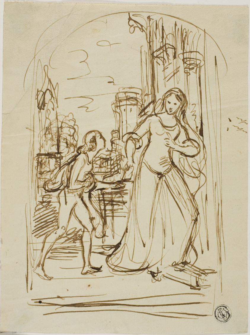 Literary Illustration: Medieval Lady with Page (recto); Sketches of Figures (verso)