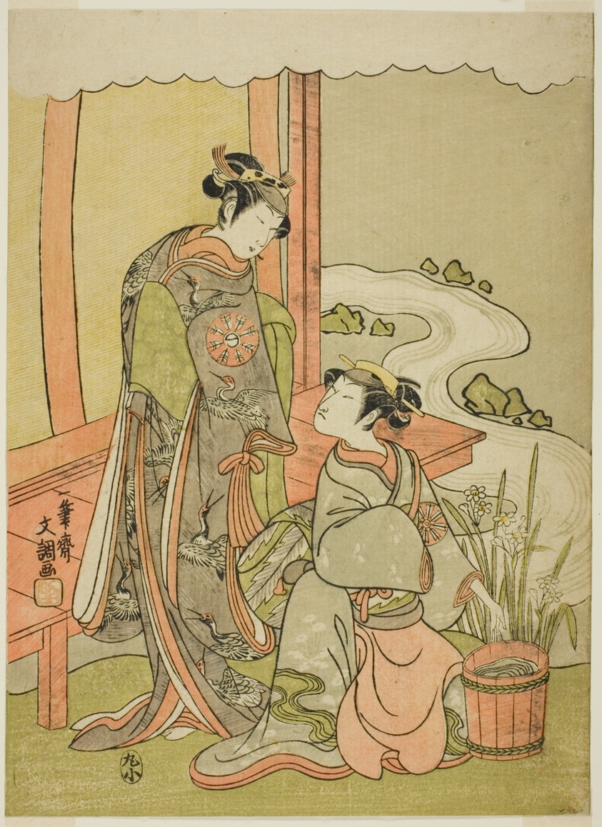 The Actors Nakamura Tomijuro I as Enju Disguised as the Shirbyoshi Gio (right), and Nakamura Noshio I as Goo Disguised as Hotoke Gozen (left), in the Play Miyako-zome Gio Katsugi, Performed at the Morita Theater in the Eleventh Month, 1770