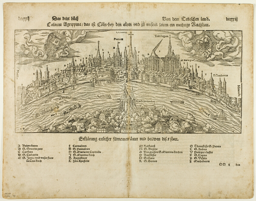 View of Cologne (recto) Man Hanged from a Tree (verso), Two leafs DCCXXI-DCCXXIIII from Kosmographie by S. Münster, plate 45 from Woodcuts from Books of the XVI Century