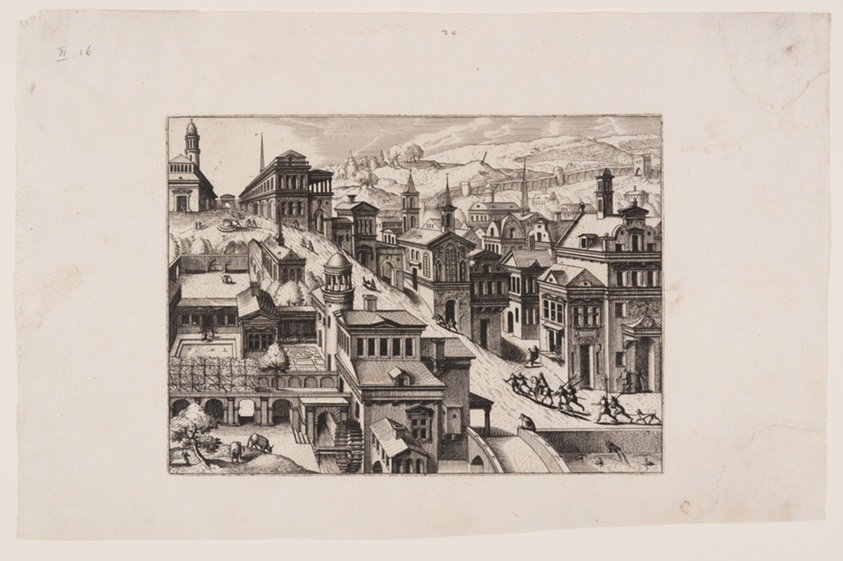 Bird’s-eye view of a town with a street going uphill from bottom right to top left