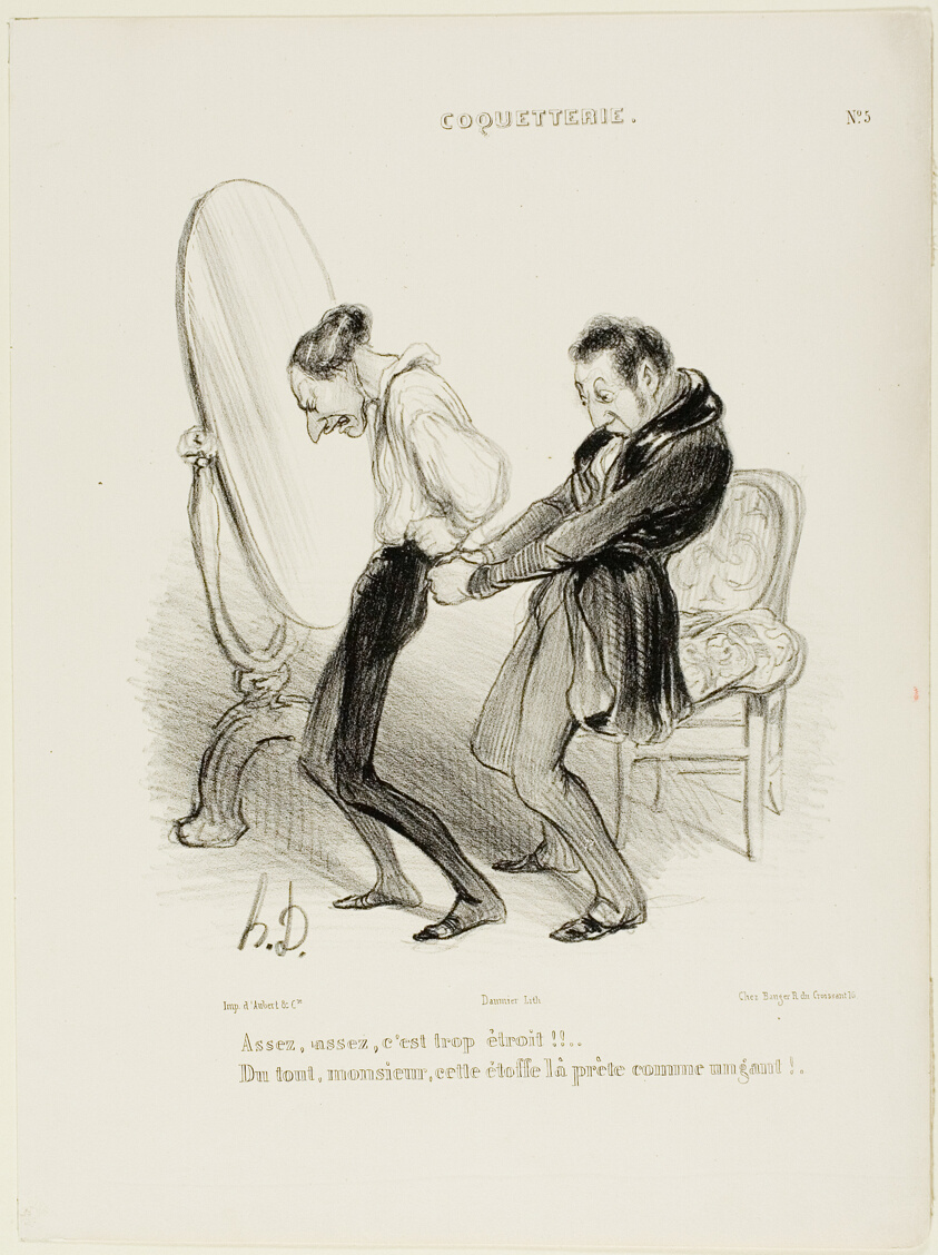 “- Enough, enough, it's much too tight!! - But not at all, Monsieur, this fabric suits you like a glove!”, plate 5 from Coquetterie