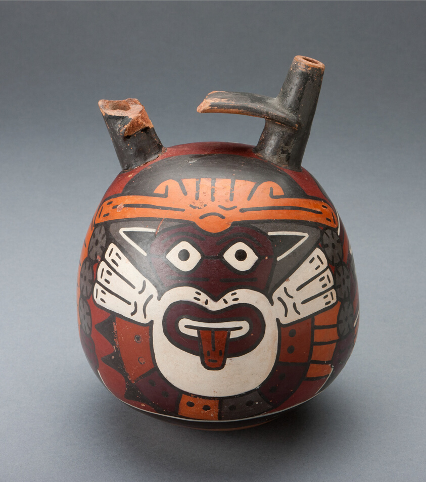 Bridge Vessel Depicting Costumed Ritual Performer Wearing Feline Mask