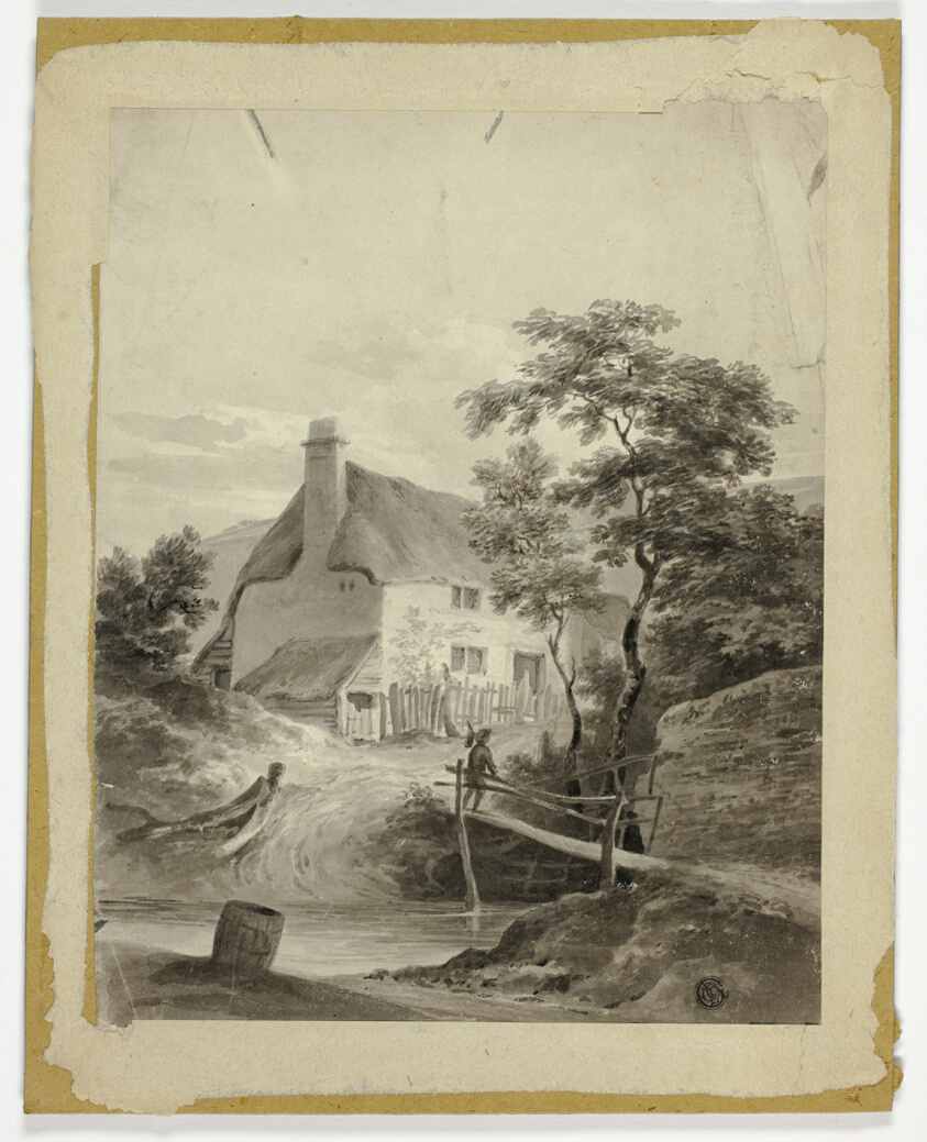 Boy on Bridge Outside a Cottage