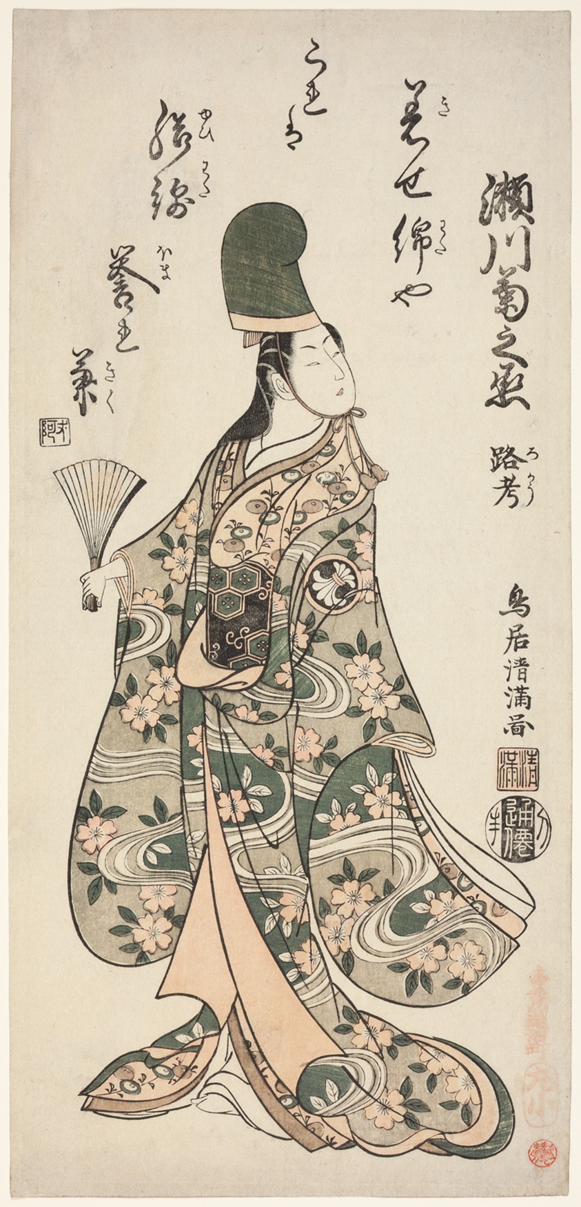 The Actor Segawa Kikunojo II as Shirabyoshi Renri in the play "Imayo Dojoji" performed at the Ichimura Theater in the eleventh month, 1756