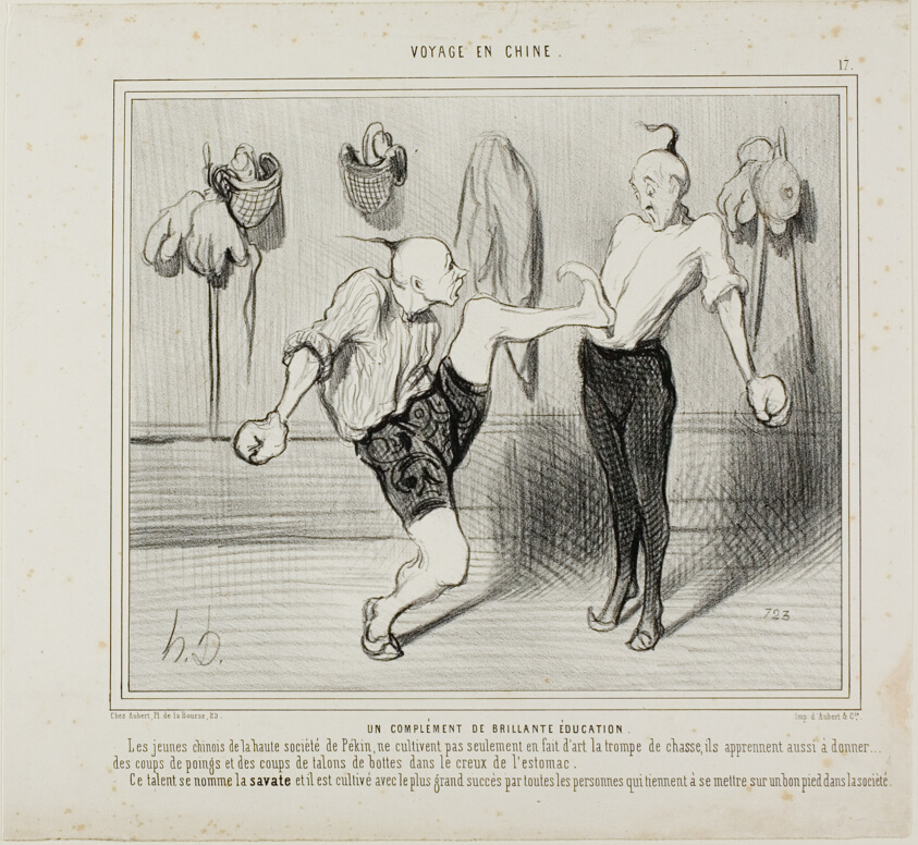 An Addition to a Splendid Education. The young Chinese of the upper class don't only cultivate the art of the hunting horn, they also learn to give punches with the fist or the heels of their boots right into the pit of the stomach. This talent is called boxing with the feet and it is cultivated with the greatest success by all those who consider placing themselves on a good footing in society, plate 17 from Voyage En Chine