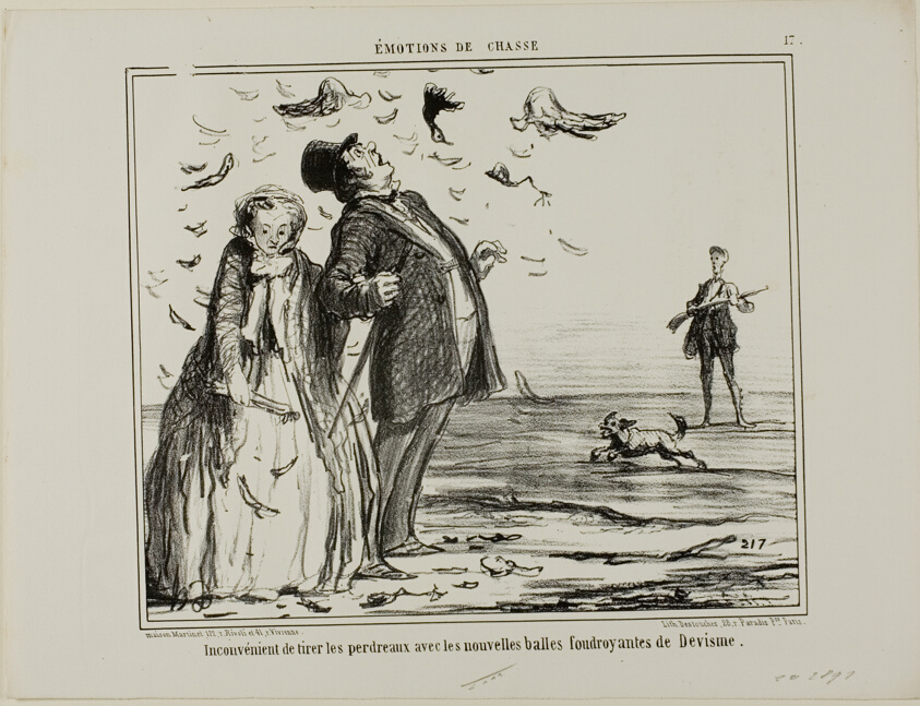 The disadvantage of shooting at young partridges with the new explosive bullets of Devisme, plate 17 from Émotions De Chasse