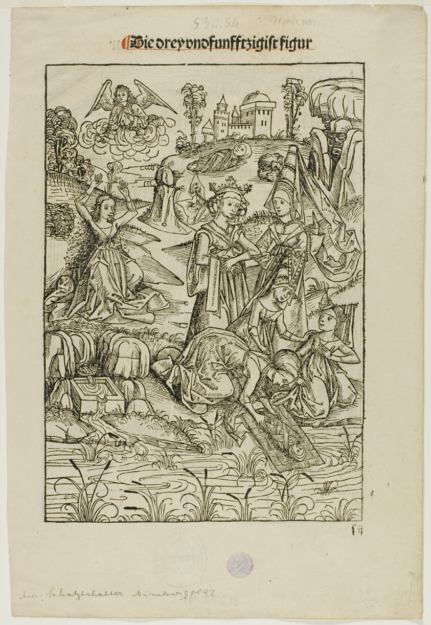 Moses Found by Pharaoh's Daughter (recto) and Judas's Betrayal (verso), pages 53 and 54, from the Treasury (Schatzbehalter)