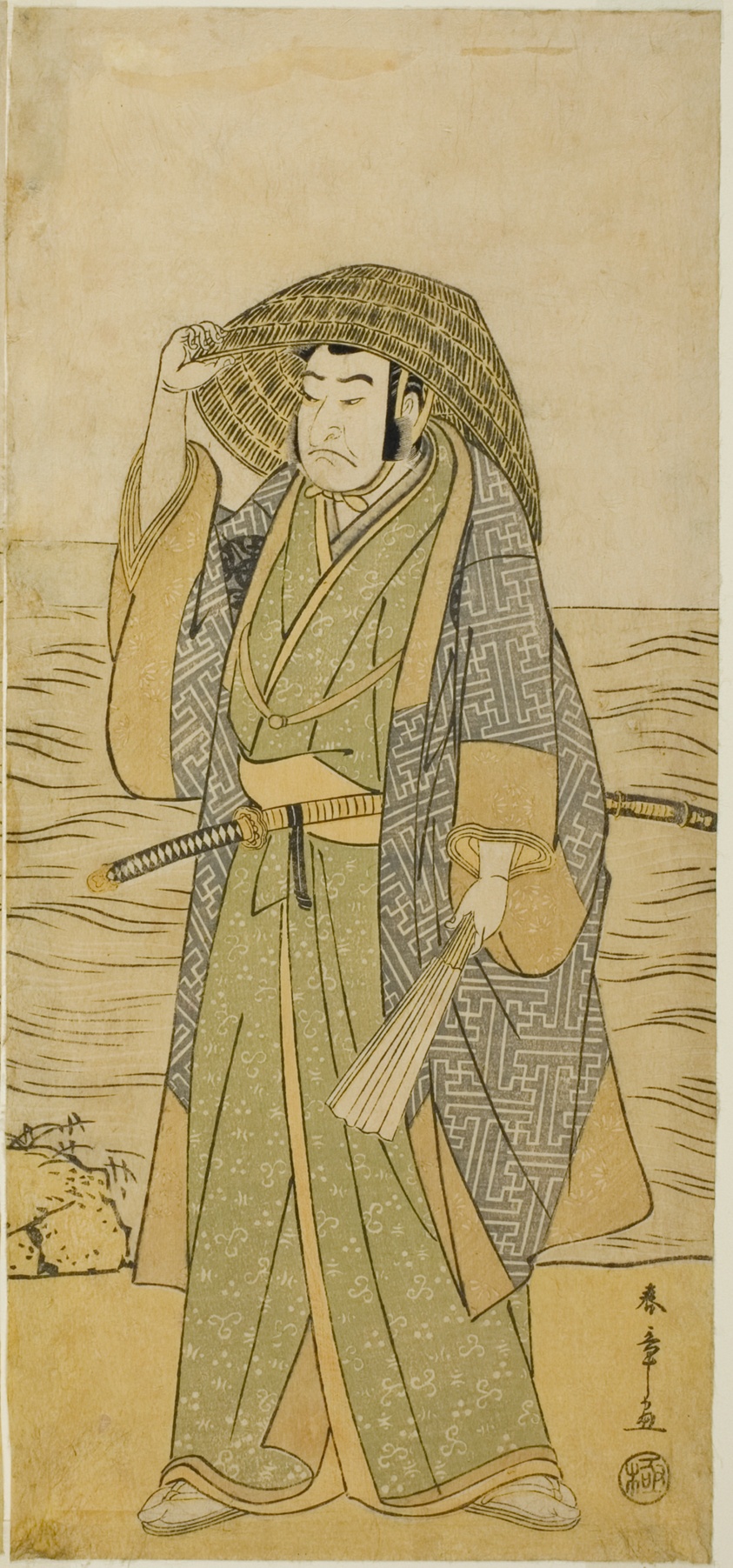 The Actor Nakamura Nakazo I as Kume no Heinaizaemon Disguised as the Street Fortune-teller Kosaka Jinnai, in the Play Kotobuki Banzei Soga, Performed at the Ichimura Theater in the Fifth Month, 1783