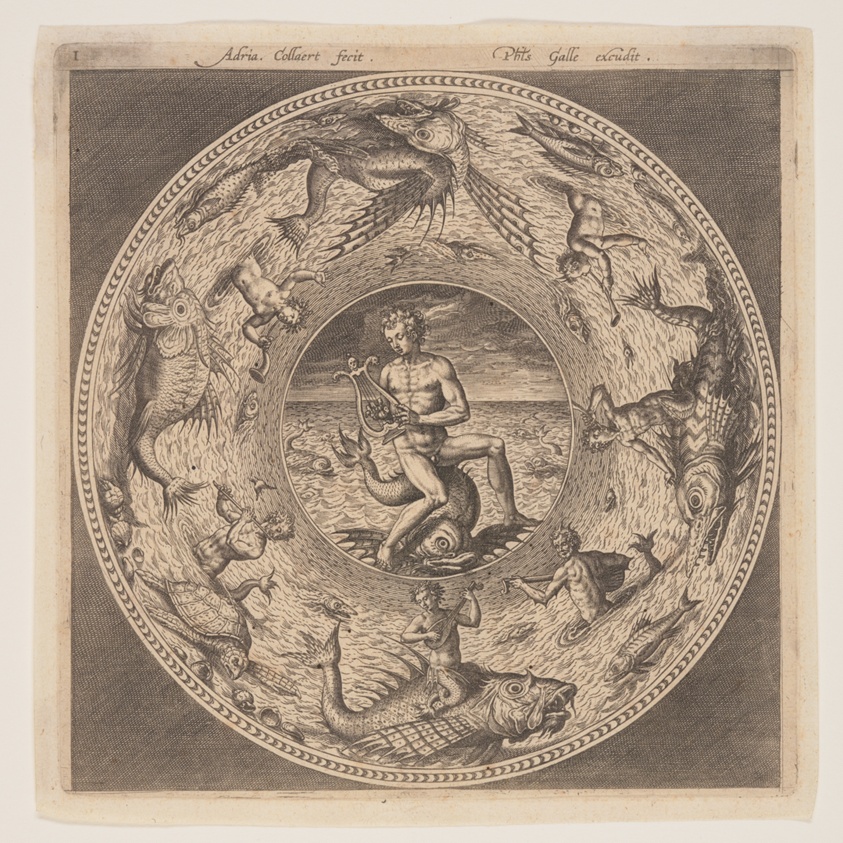 Arion on a Dolphin surrounded by a Border decorated with Sea Creatures, from a Set of Designs for Plates (Fonds de Coupe)