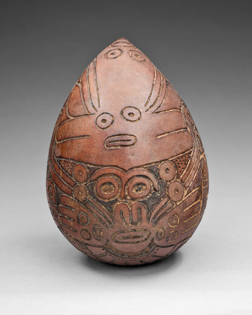 Gourd with Rattle Incised with Costumed Ritual Perfomer