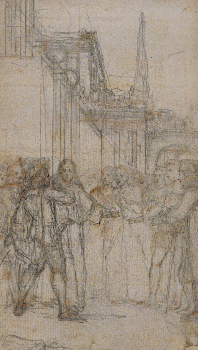 Literary Illustration: Man with Sword Confronting Group of Figures Before Building
