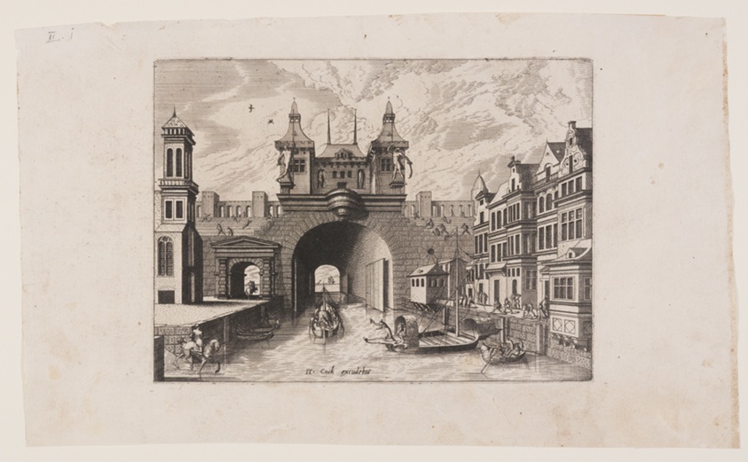 View from a canal of the gate bridge with shutters of a fortified town, street façade on the right