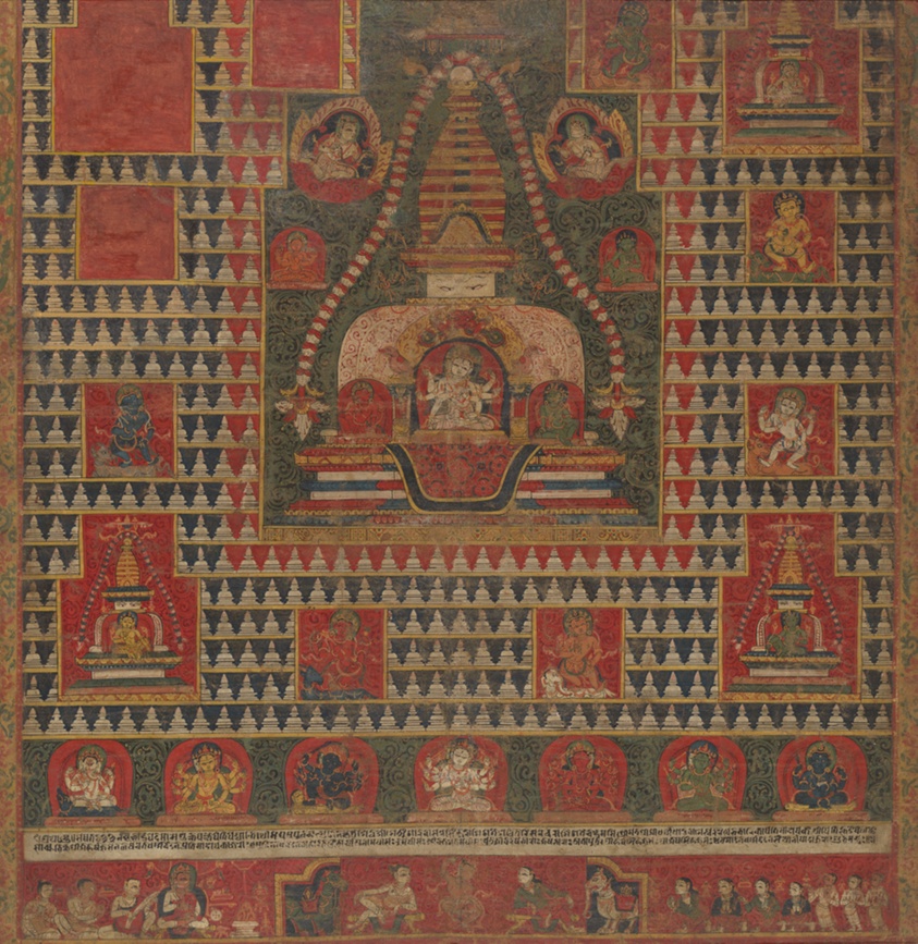 Painted Banner (paubha) of Goddess Ushnishavijaya Within a Funerary Mound (chaitya) and Surrounded by Chaityas