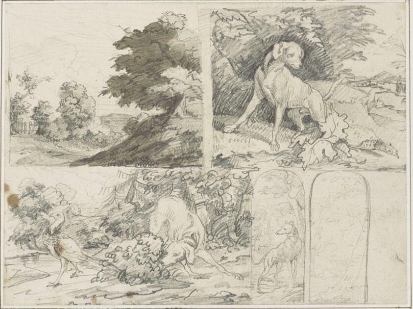 Sketches of a Wooded Site, Dogs and Pheasants in Landscape