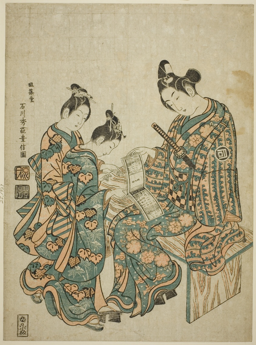The Actor Sanogawa Ichimatsu I looking at a guidebook to the pleasure quarters