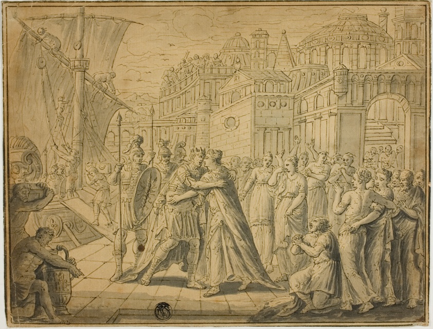 Dido and Aeneas Embracing before Gates of Carthage
