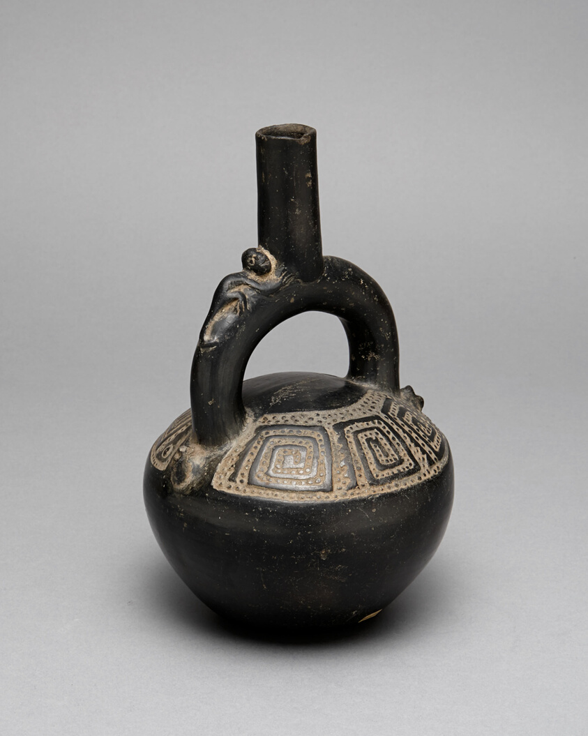 Blackware Stirrup Spout Vessel with Incised Squared Spiral Motif
