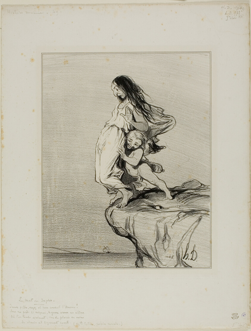 Sappho's Death. “Young ladies, you see where love leads us Under our feet so dainty and small The wretched chasm of an abyss Into which we eventually fall,” plate 49 from Histoire Ancienne