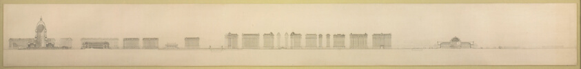 Plate 126 from The Plan of Chicago, 1909: Chicago. Section Looking North, Taken through Proposed Grand Axis of the City, Showing the Civic Center and Grant Park.