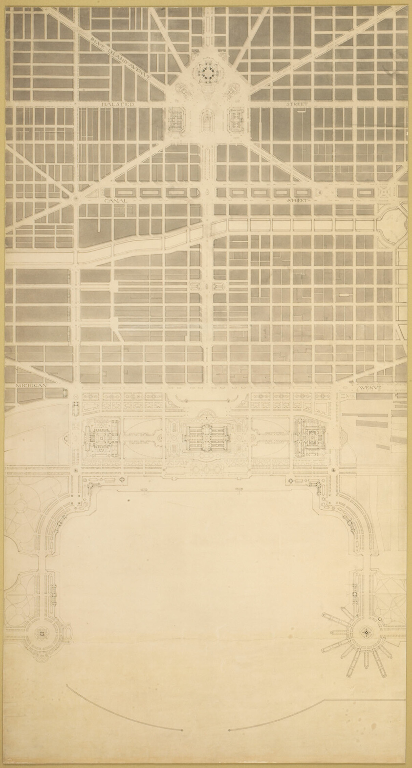 Plate 129 from The Plan of Chicago, 1909: Chicago. The Business Center of the City, Within the First Circuit Boulevard, Showing the Proposed Grand East-and-West Axis and Its Relation to Grant Park and the Yacht Harbor; the Railway Terminals Schemes on the South and West Sides, and the Civic Center