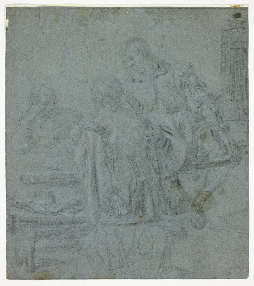 Three Men Seated at Table (recto); Woman Being Crowned by Female Attendant (verso)