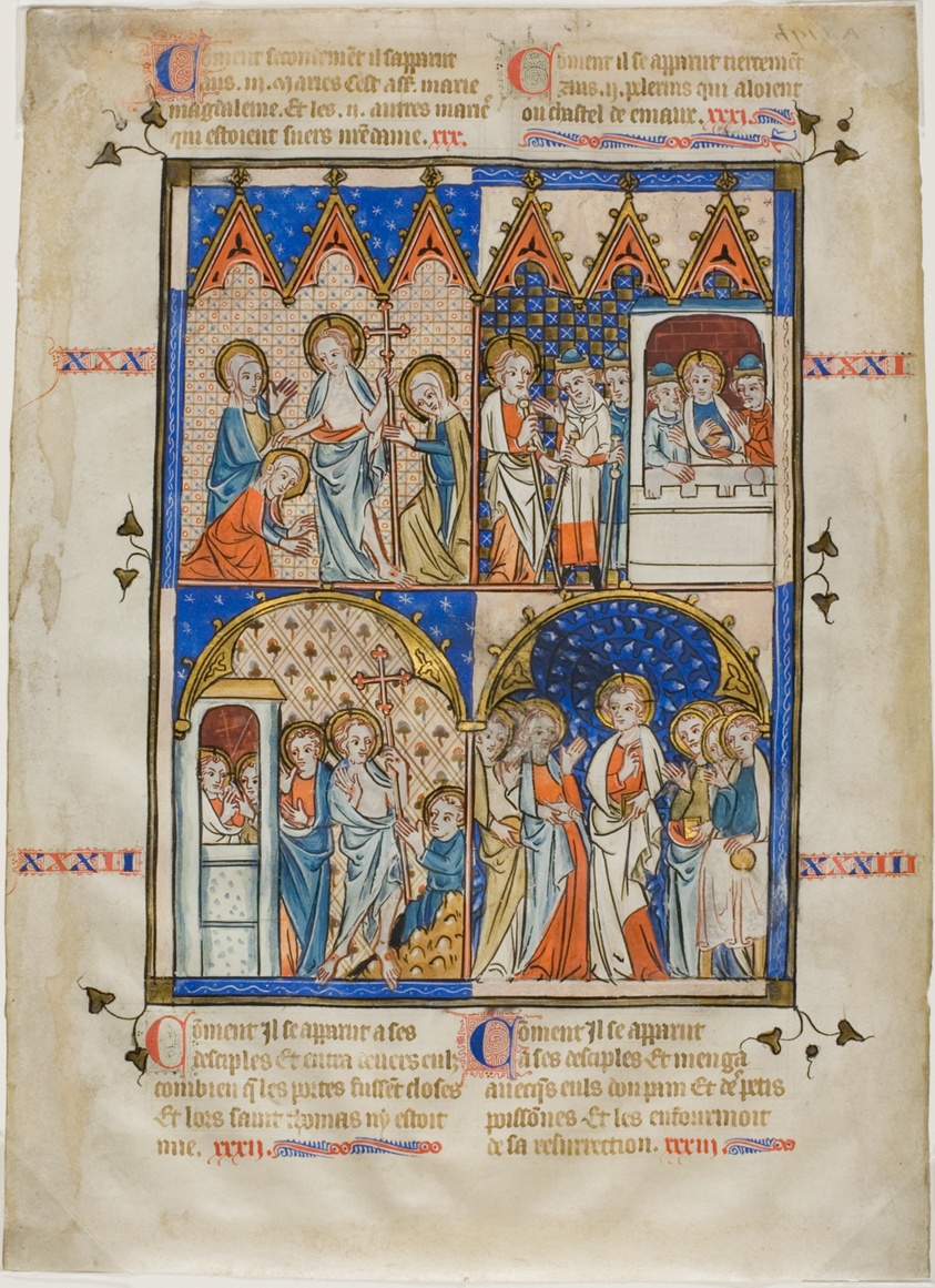 Leaf from a Picture Cycle: Christ Appearing to the Three Marys, Christ and the Pilgrims on the Road to Emmaus, Doubting Thomas, and Christ Appearing to the Apostles
