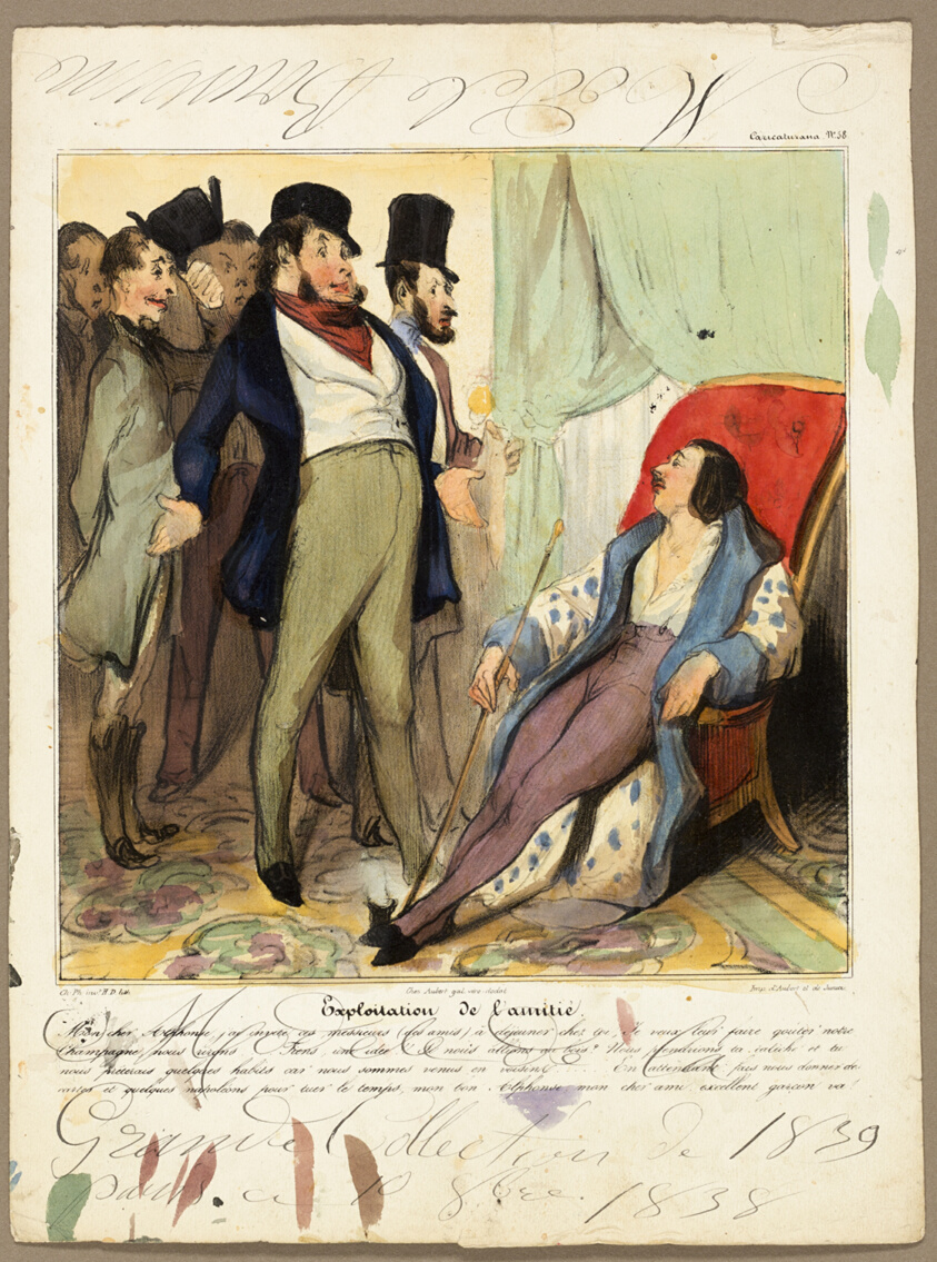 Exploiting friendship. “My dear Alphonse, I've invited these gentlemen, my friends, to dine at your home. I would like them to taste our champagne, we'll laugh... wait a minute! I've an idea. What if we went to the wood? We could take your barouche and you could lend us some clothes as we only came to pay a simple visite... In the meantime, why don't you give us some cards and some Napoleons to pass the time. Eh? My good Alphonse, dear chap. How about it?,” plate 58 from Caricaturana