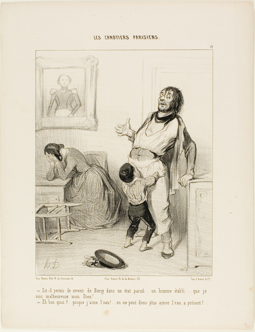 “- It really shouldn't be allowed to return from Bercy in a state like this.... an established man like you.... I am so unhappy, my God! - What's wrong?...after all, I like the water.... am I not allowed to like the water anymore?,” plate 4 from Les Canotiers Parisiens