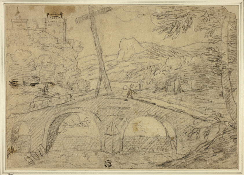 Landscape with Bridge (with Cross) over Gorge, with Mountains and Castle in Distance