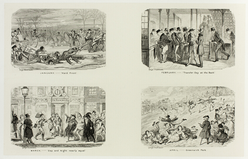 January – "Hard Frost" from George Cruikshank's Steel Etchings to The Comic Almanacks: 1835-1853 (top left)
