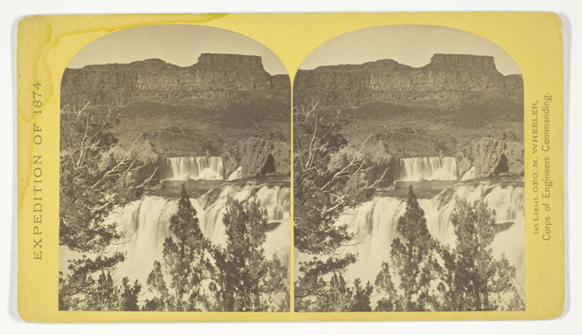 Shoshone Falls, Snake River, Idaho, looking through the timber, and showing the main fall, and upper or "Lace Falls", No. 49 from the series "Geographical Explorations and Surveys West of the 100th Meridian"