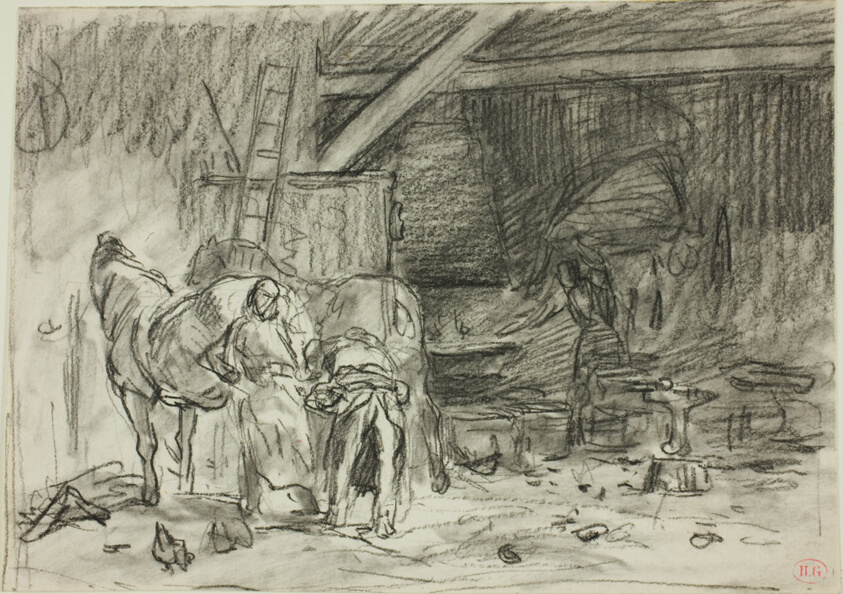 Interior of a Blacksmith's Shop (recto); Man Bending Over, Seen from Read (verso)
