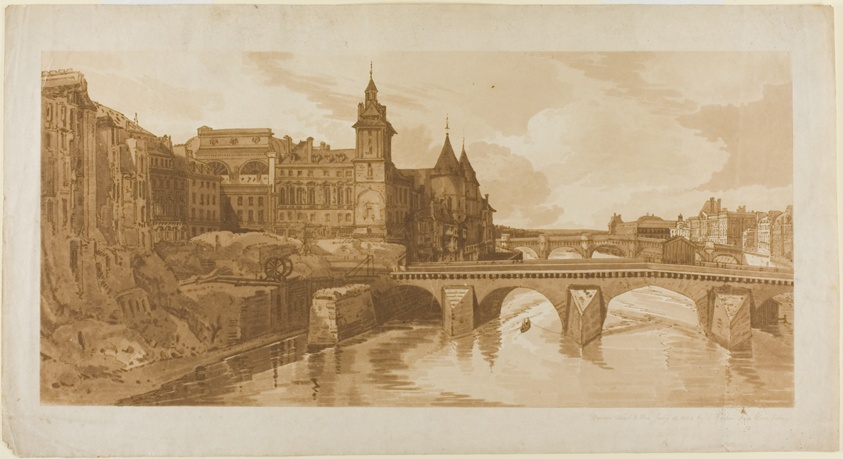View of Pont au Change, the City Theatre, Pont Neuf, Conciergerie Prison, etc. taken from Pont Notre Dame, from A Selection of Twenty of the Most Picturesque Views in Paris