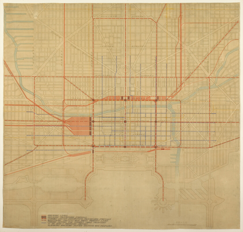 Plate 80 from The Plan of Chicago, 1909: Chicago. Diagram of City Center, Showing the Proposed Arrangement of Railroad Passenger Stations, the Complete Traction System, Including Rapid Transit, Subway, and Elevated Roads, and the Circuit Subway Line.