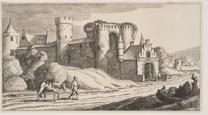A Peasant with a Horse on a Road Near City Walls, from Landscapes (Playsante Lantschappen)