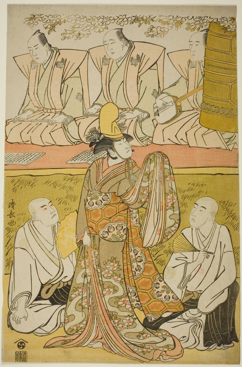 The Actor Nakamura Nakazo I as the Shirabyoshi Katsuragi, Matsumoto Koshiro IV as the monk Meigetsubo, and Otani Hiroji III as the monk Izayoibo, in the play "Edoganoko Musume Dojoji," performed at the Ichimura Theater in the eighth month, 1783