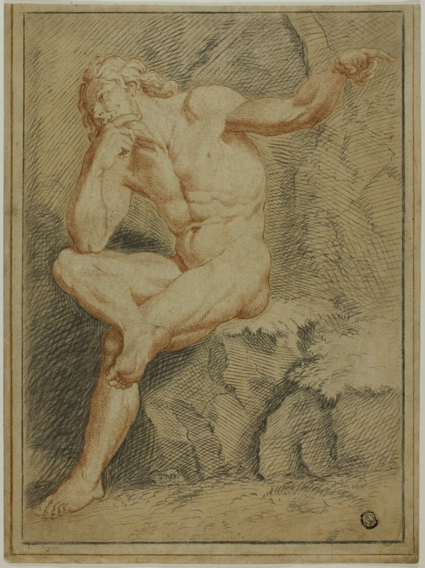 Seated Male Nude Pointing with Left Hand