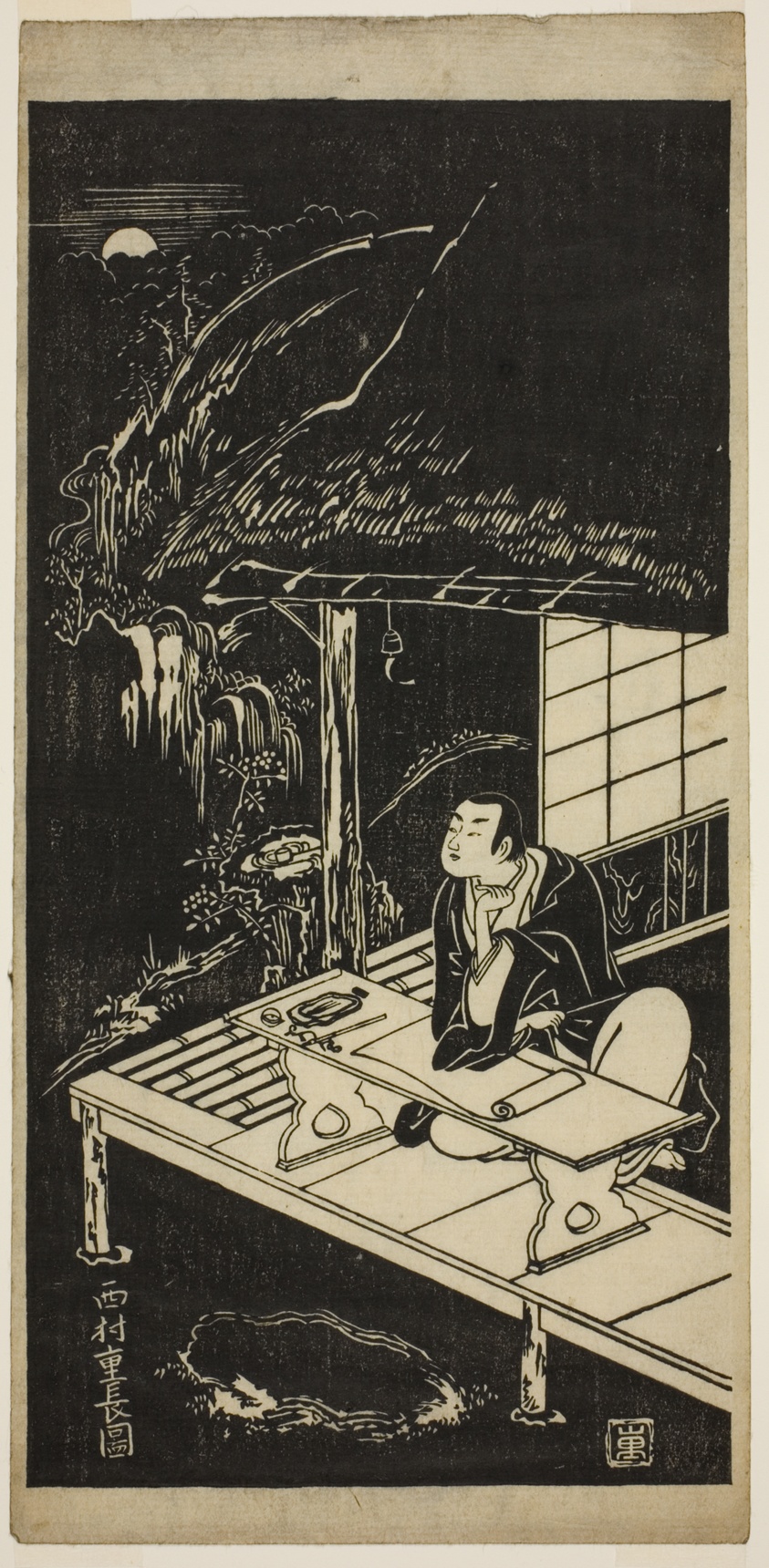 Man in Thatched Hut Viewing the Moon