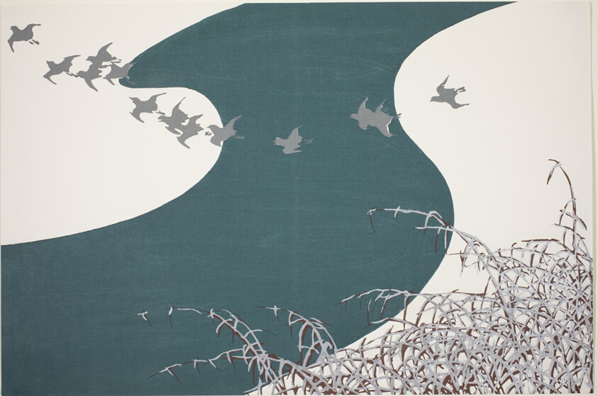 Plovers Flying Across a River above Snow-Laden Reeds (Fuyu no Kawa), from the series "Worlds of Things (Momoyogusa)"