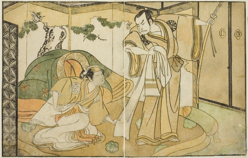 The Actors Nakamura Nakazo I as Taira no Kiyomori (right), and Yamashita Kinsaku II as Tokiwa Gozen (left), in the Play Nue no Mori Ichiyo no Mato, Performed at the Nakamura Theater in the Eleventh Month, 1770