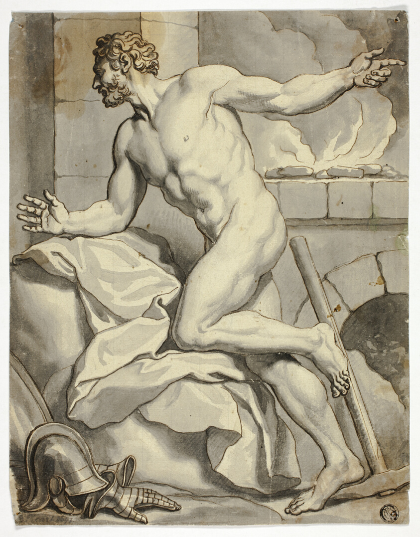 Print Study: Male Nude Kneeling beside a Furnace (Vulcan)
