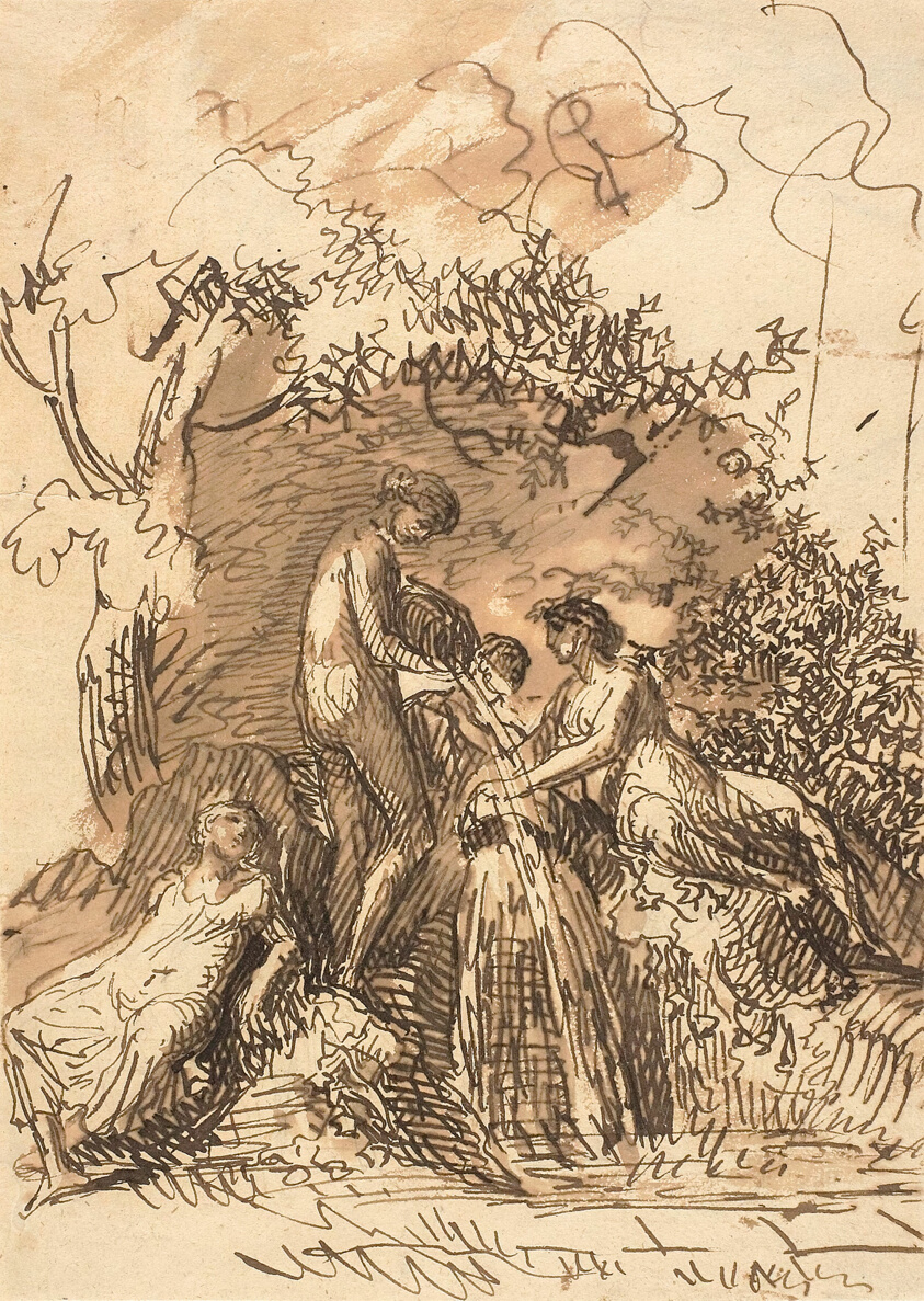 Young Girls at a Fountain (recto); Fragment of Sketch of Legs (verso)