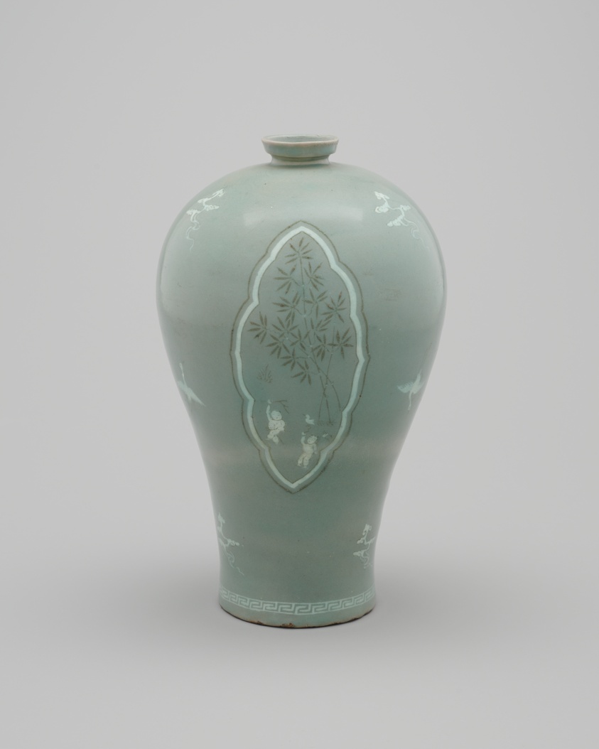 Plum Vase (Maebyeong) with Clouds, Cranes, and Children Motifs