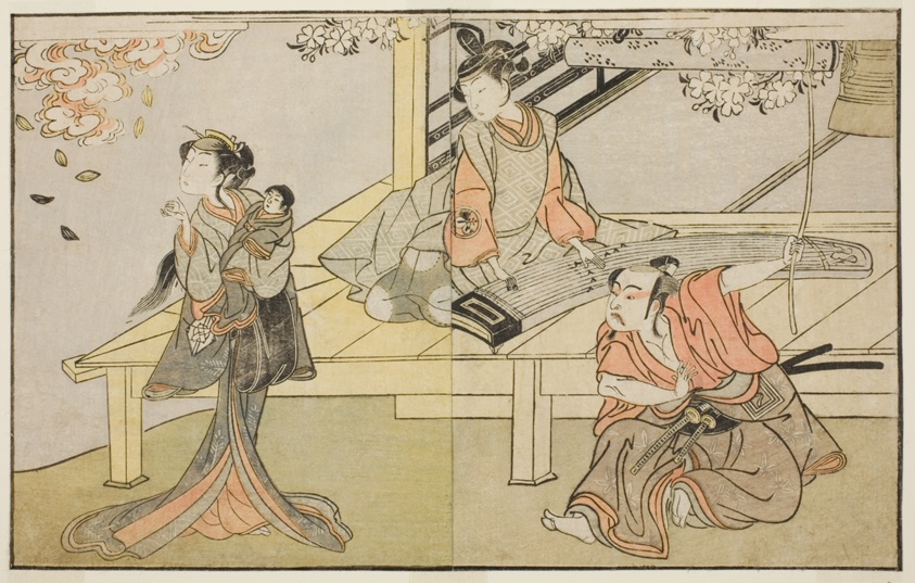 The Actors Ichikawa Yaozo II as Yoshimine no Munesada (right), Yoshizawa Sakinosuke III as Shizuya (center), and Nakamura Matsue I as Sakuragi (left), in the Play Kuni no Hana Ono no Itsumoji, Performed at the Nakamura Theater in the Eleventh Month, 1771