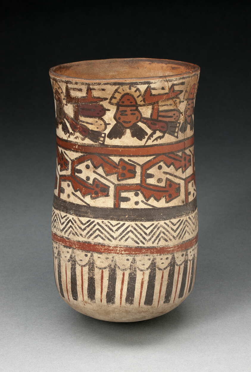 Beaker Depicting Rows of Abstract Patterns and Costumed Performers