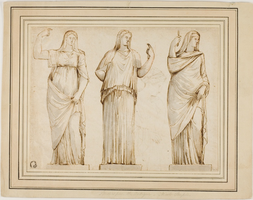Three Roman Statues of Draped Female Figures and Sketch of Another Statue in Profile to Right