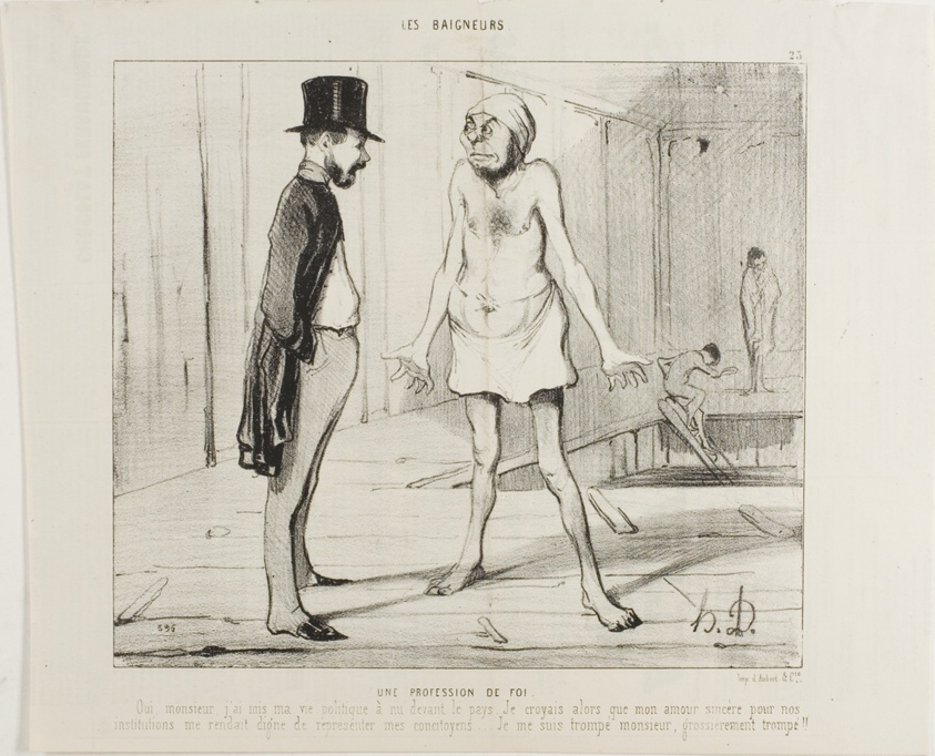 A Confession Of Faith. “Yes Sir, I bared my political life in pure sincerity before my country. I was convinced that my true love for our institutions would make me worthy of representing my fellow citizens. I was wrong, Monsieur, it seems the nation wasn't ready for this yet,” plate 23 from Les Baigneurs