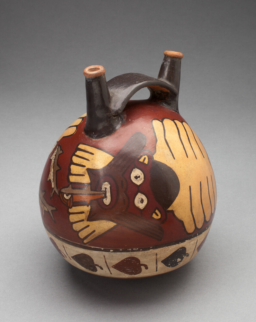 Double Spout Vessel Depicting a Costumed Ritual Performer with Sharks