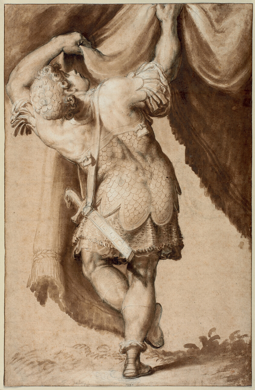 Young Warrior, Seen from Behind, Lifting a Curtain